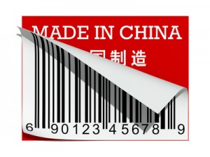 Abstract barcode over red label "Made in China"